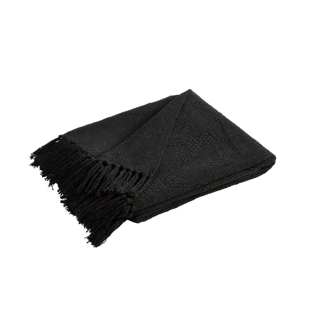 Chic Chester Black Cotton Fringe Throw Blanket, 50" x 60"