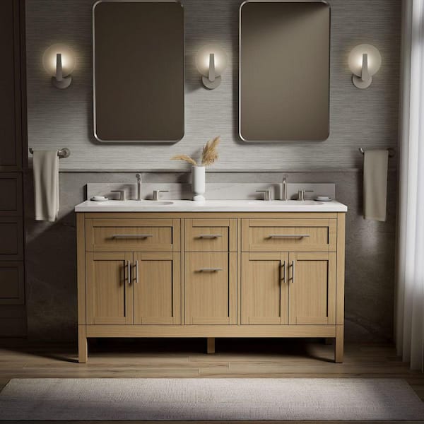 Hadron 61 in. Double Sink Freestanding Light Oak Bath Vanity with White Quartz Top Assembled
