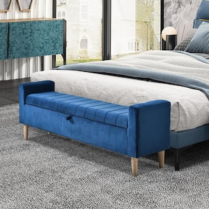 Blue 48 in. Velvet Upholstered Bedroom Bench, Ottoman Bench with Hidden Flip-Top Storage, Wood Legs