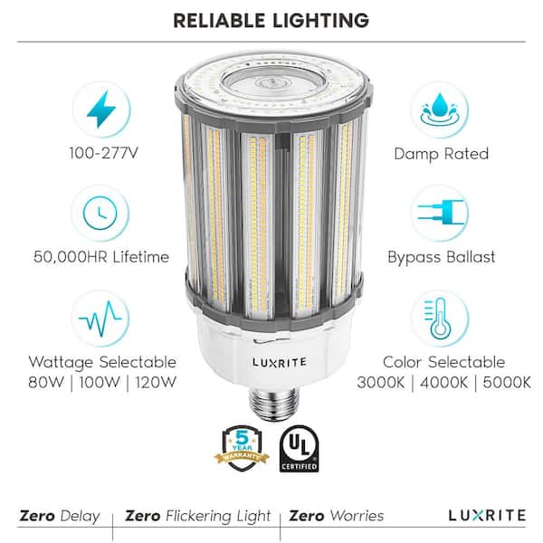 LUXRITE 400-Watt Equivalent 400-Watt E39 Base Corn LED Light Bulb 3 Color Options 3000K-5000K to Lumens 2-Pack LR41609-2PK - The Depot