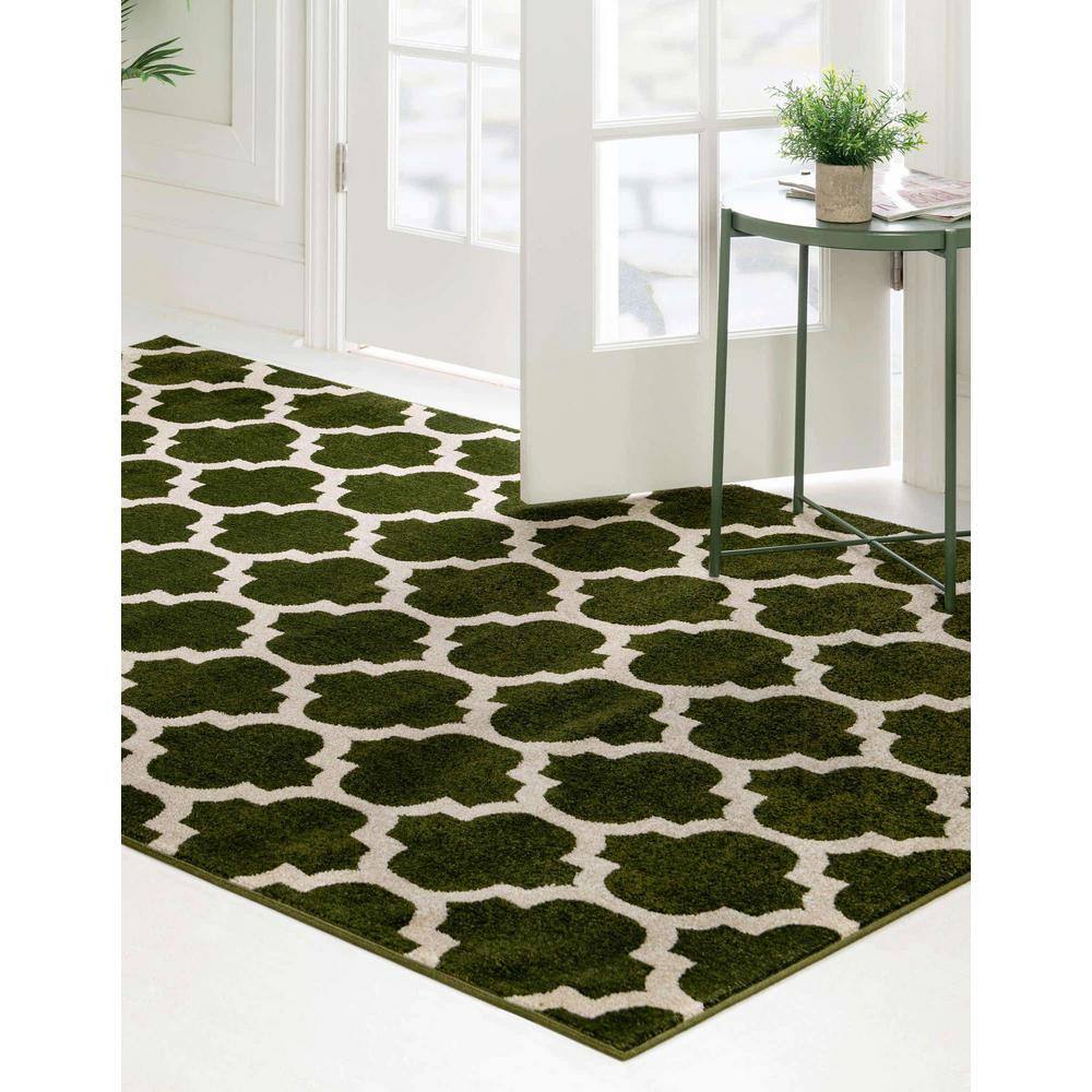 Elegant Dark Green Trellis Synthetic Indoor Rug, Stain-Resistant and Washable