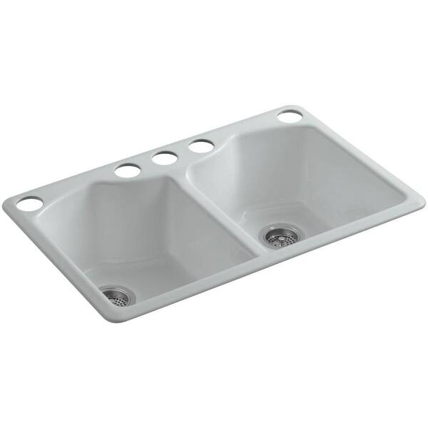KOHLER Bellegrove Undermount Cast-Iron 33 in. 5-Hole Double Bowl Kitchen Sink with Accessories in Ice Grey