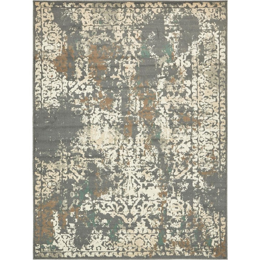 Elegant Mirage 9' x 12' Gray Abstract Synthetic Area Rug