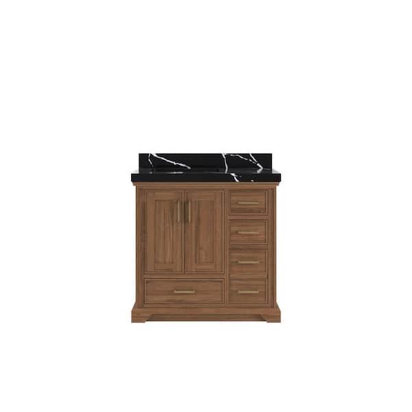 Willow Collections Charlotte 36 in. W x 22 in. D x 36 in. H Left Offset Sink Bath Vanity in Dark Natural with 2 in. Calacatta Black Qt. Top