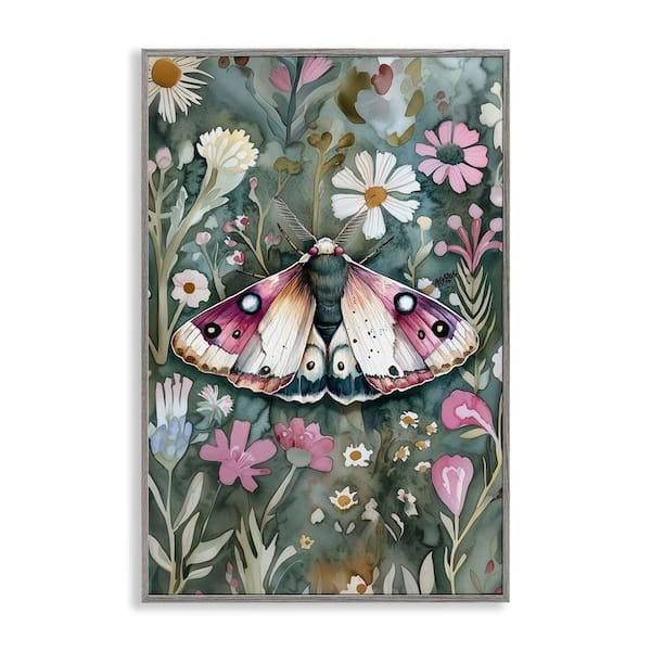 Stupell Industries Beautiful Moth over Florals by The Dutch Lady Gray Framed Nature Giclee Art Print 24 in. x 16 in.