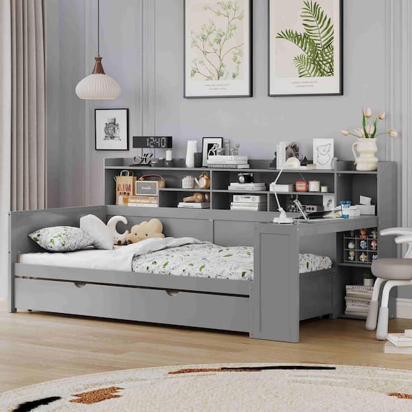 Gray Twin Daybed with Storage Shelves, Twin Size Trundle Bed and Study Desk