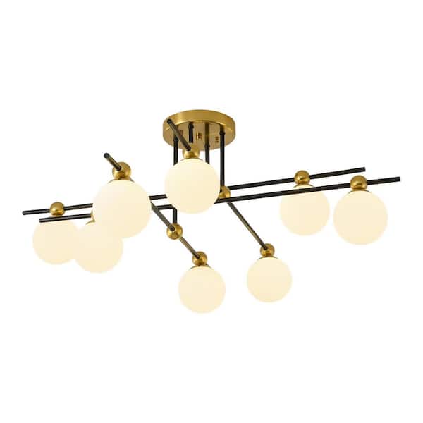 Modern 8-Light Gold and Black Sputnik linear Semi-Flush Mount Ceiling Light with Opal Glass Shades
