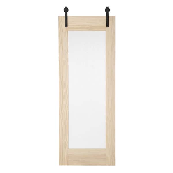 Pinecroft 34 in. x 84 in. Timber Hill Rain Glass and Unfinished Pine Wood Sliding Barn Door Slab with Hardware Kit