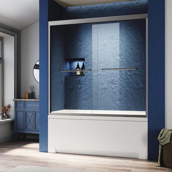 60 in. W x 62 in. H Semi Frameless Sliding Tub Door in Nickel with Clear Glass and 304 Stainless Steel Handles