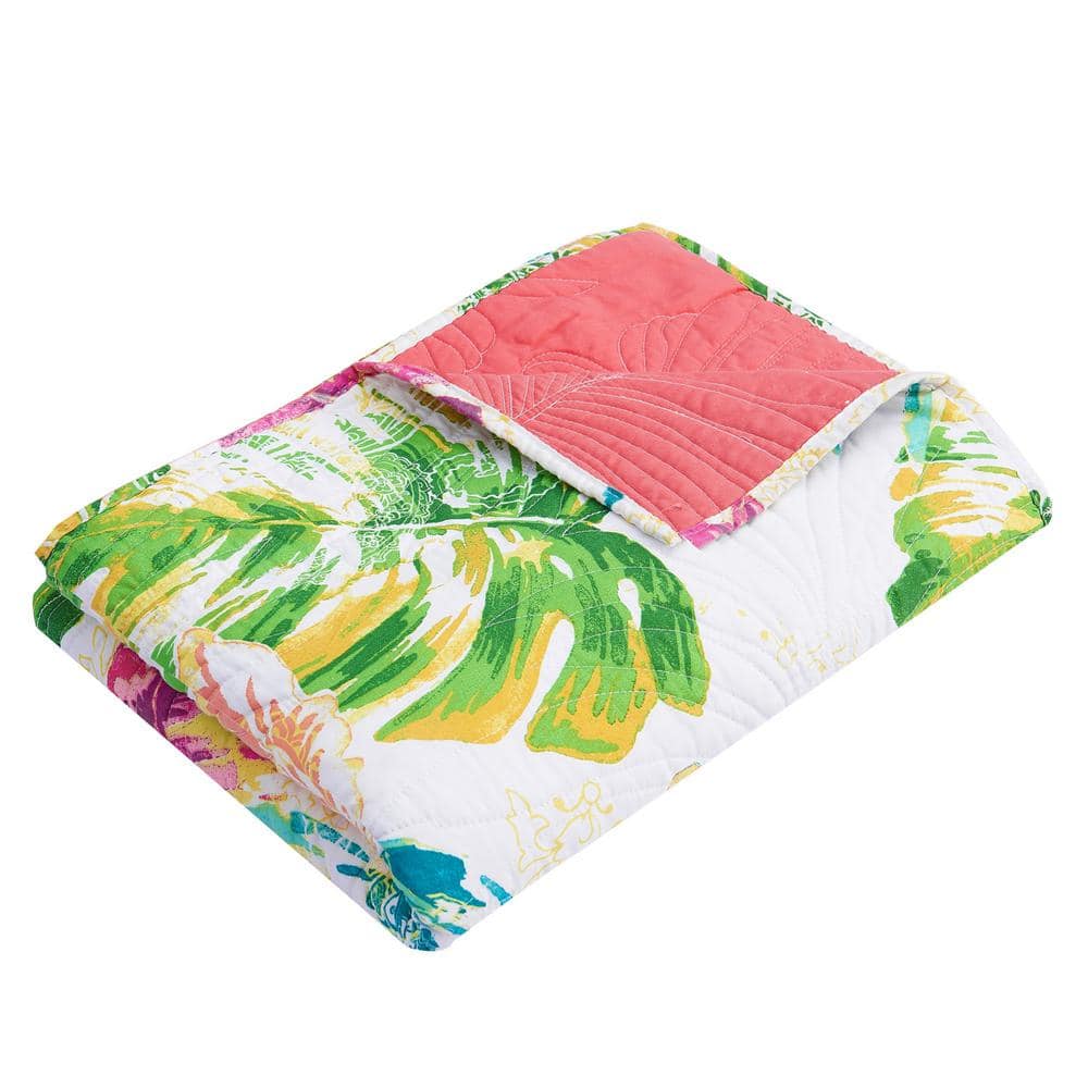 Tropical Oasis Reversible Quilted Throw - Coral & Jungle Green, 60"x50"