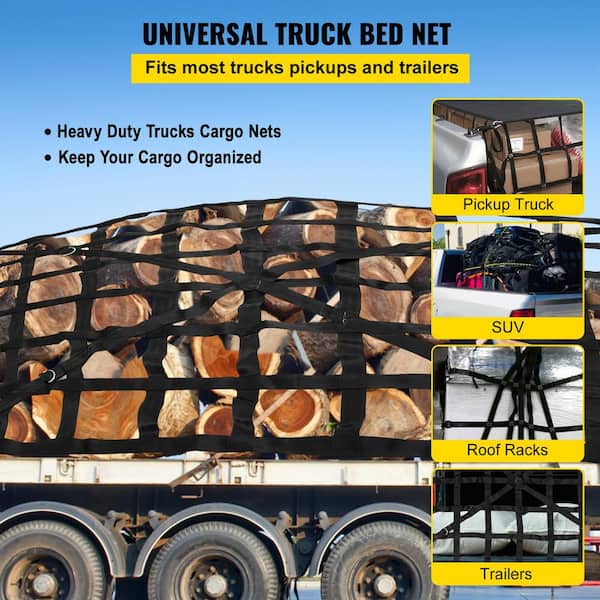 VEVOR 4.2 ft. x 5.5 ft. Cargo Net w/Cam Buckles and S-Hooks/Chain, Heavy-Duty Cargo Nets for Pickup Trucks Trailer SUV Jeeps, Blacks