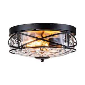 Kourtney 12 in. 2-Light Black Flush Mount Mid-Century Industrial Rustic with Water Stone Glass Shade