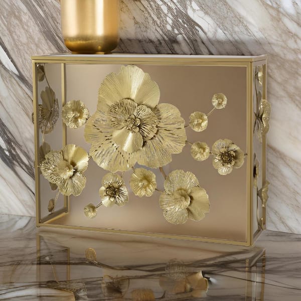 Benjara 12 in. Gold Rectangle Metal Console Table with Woven Rattan-Panels and 2-Drawers