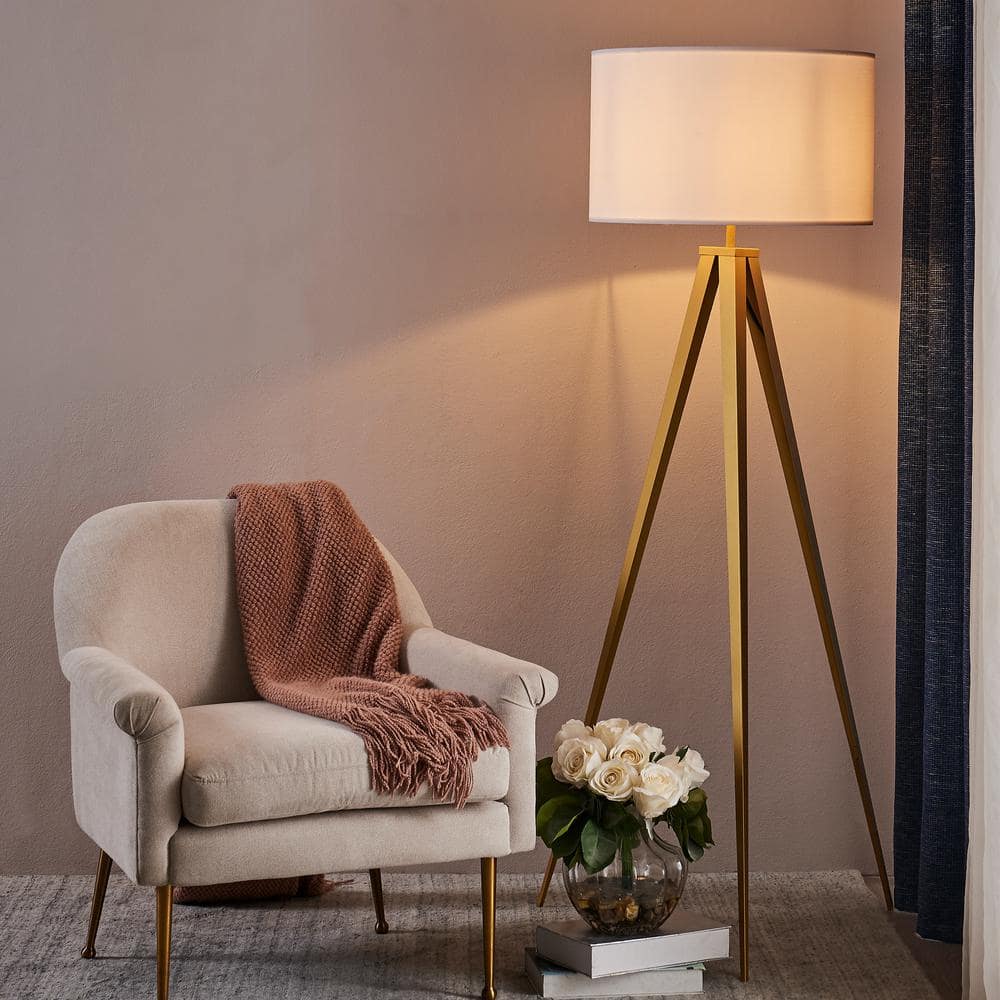 Modern Outdoor White Tripod Floor Lamp with Gold Accents