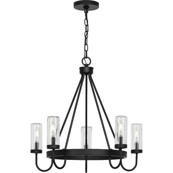 Swansea Collection 4-Light 24 in. Matte Black Round Transitional Outdoor Chandelier with Clear Glass Shades