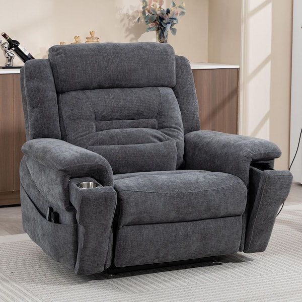 Grey Extra-Wide Dual Motor Chenille Power Lift Recliner with Massage, Heat and Wireless Charging, Cup Holder