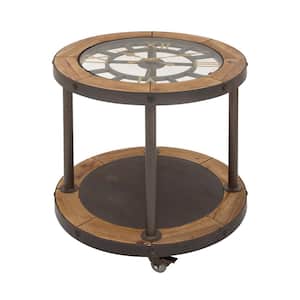 24 in. Brown 1 Shelf Large Round Glass End Accent Table with Clock Top