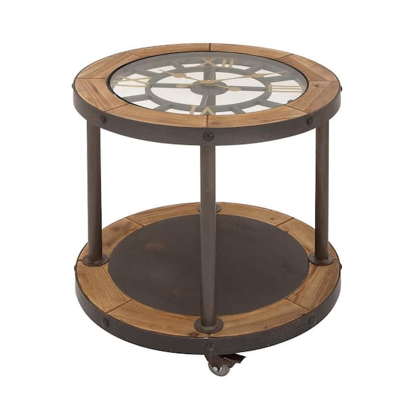 Litton Lane 24 in. Brown 1 Shelf Large Round Glass End Accent Table with Clock Top