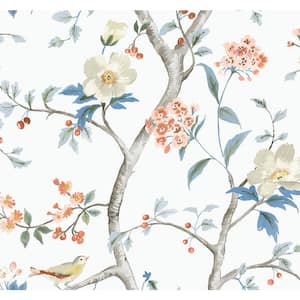 60.75 sq. ft. Coastal Haven Melon and Carolina Blue Sparrow Embossed Vinyl Unpasted Wallpaper Roll