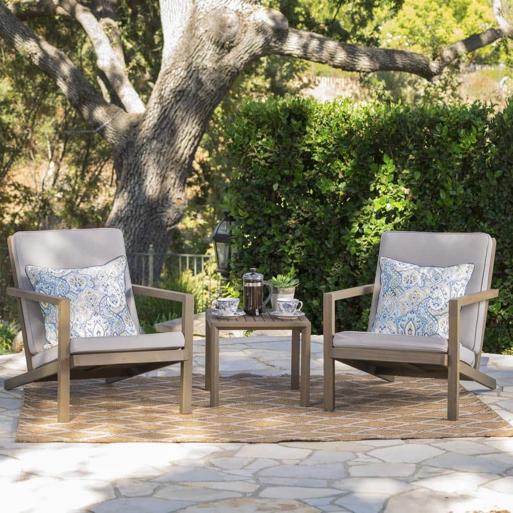 Gray Acacia Wood 3-Piece Outdoor Chat Set with Water-Resistant Cushions