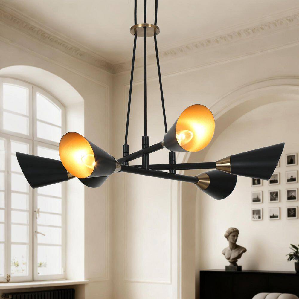 Industrial 26 in. 6-Light Matte Black Sputnik Chandelier with Metal Shade, Dining Room Pendant Light with Brass Accent price history on PriceWatchPro
