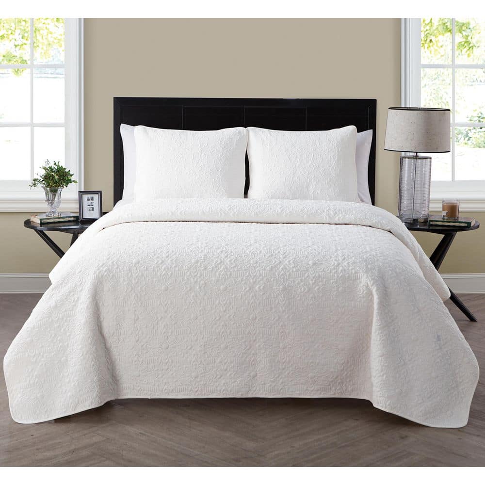 Caroline 3 Piece Bright White Embossed Microfiber Full/Queen Quilt Set price history on PriceWatchPro