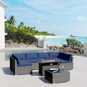 8-Piece Wicker Outdoor Fire Pit Patio Sectional Conversation Set with Blue Cushions and Rectangular Fire Pit