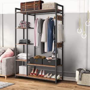 Rustic Brown Wooden Clothes Rack with Metal Frame Closet Organizer Portable Garment Rack with 2 Storage Box & Side Hook