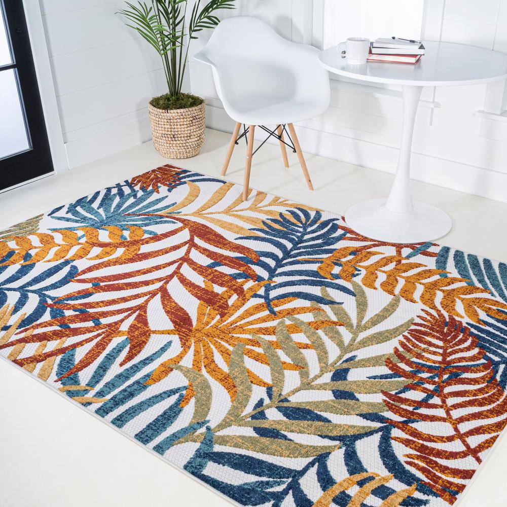 Cream and Orange Tropical Palm Leaves 5' x 8' Indoor/Outdoor Rug