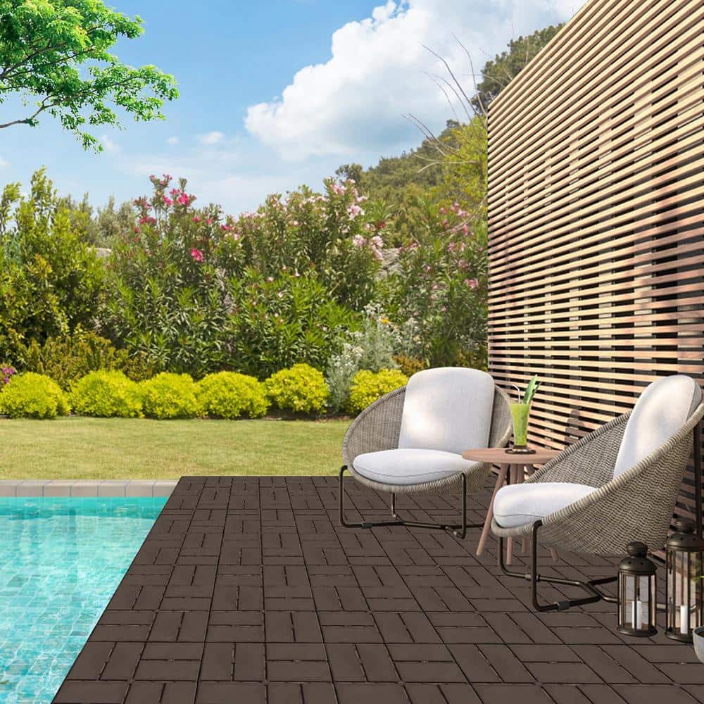 Dark Brown 12"x12" Interlocking Plastic Deck Tiles with Water Protection