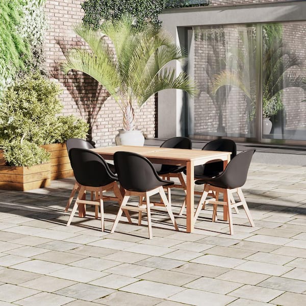 Unbranded Kiki 7-Piece Patio Rectangular Outdoors Dining Table Set Eucalyptus Wood Set Ideal for, Black