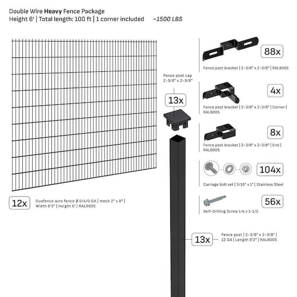 Double-Wire Heavy Duty 100 ft. x 6 ft. Steel Flat Top Spaced Black Fence Panel Package (12-Pack)