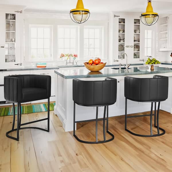 Siska 26 in.Modern Black Faux Leather Upholstered Counter Stool with Black Metal Frame Barrel Counter Bar Stool Set of 3