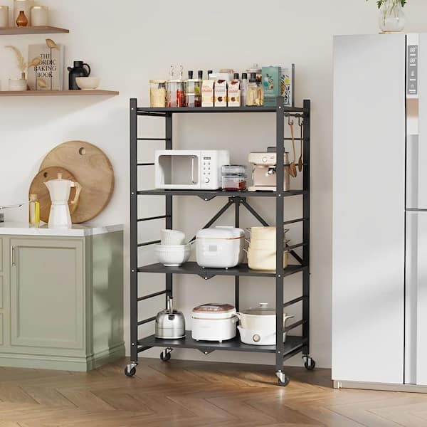 4-Tier Black Foldable Metal Rack Storage Shelving Unit, Kitchen Shelf with Wheels