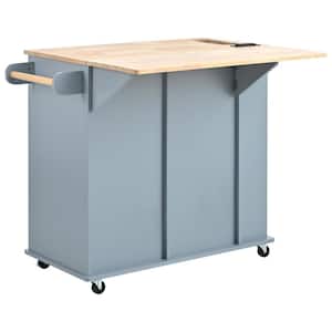 39.80 in. W x 29.33 in. D Blue Wood Kitchen Cart with Drawers; Locking Casters; Shelf; Spice Rack; Wheels; Drop Leaf