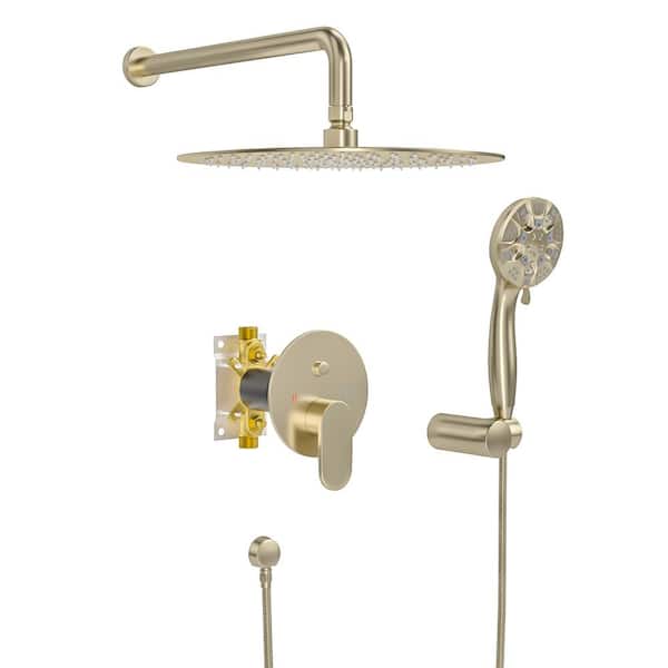 Logmey 5-Spray Patterns with 1.8 GPM 10 in. Wall Mount Dual Shower Heads with switch handle in Gold
