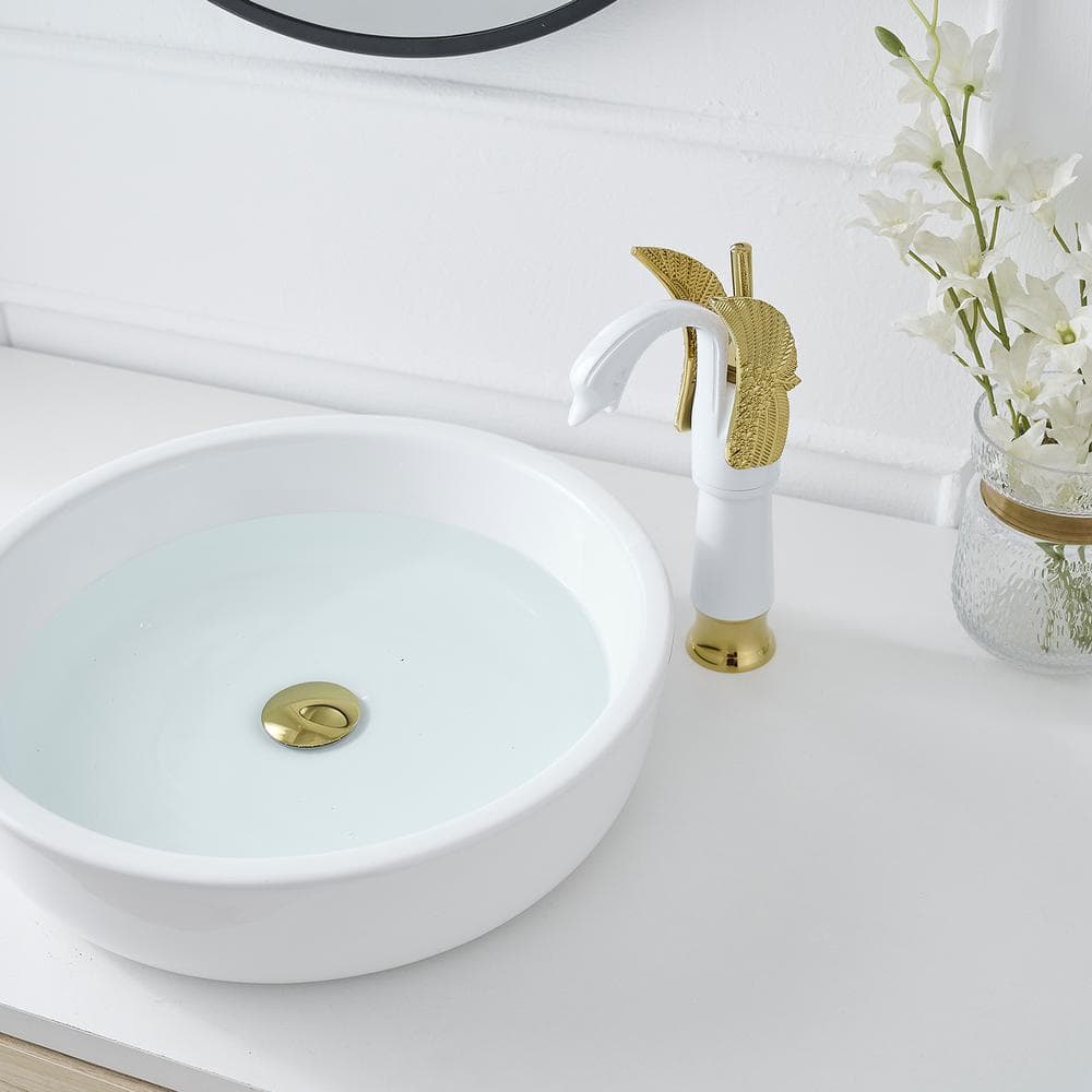 White and Gold Swan Single Handle Bathroom Vessel Faucet