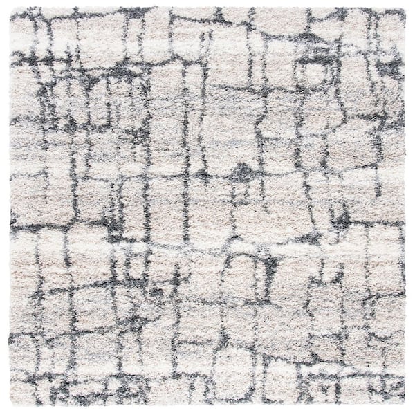 SAFAVIEH Fontana Shag 8 ft. x 8 ft. Ivory/Gray Distressed Abstract Square Area Rug