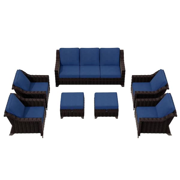 Brown 7-Piece Rattan Wicker Patio Conversation Set Garden Lawn Furniture with Blue Cushions