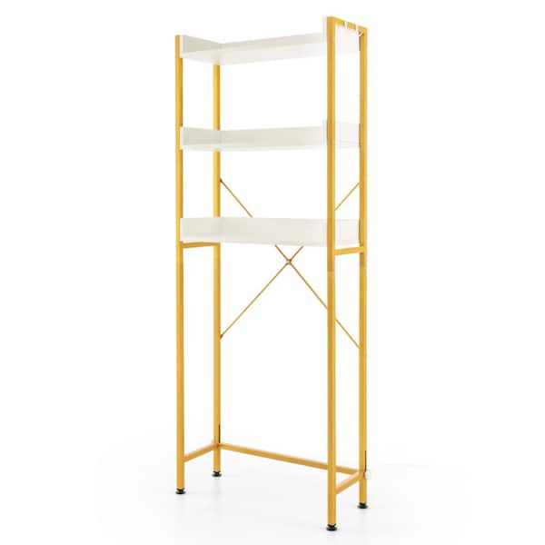 ANGELES HOME 25 in. W x 64.5 in. H x 9.5 in. D White Over the Toilet Storage Rack with Hooks and Adjustable Bottom Bar