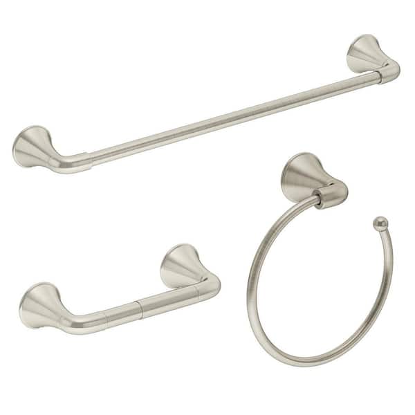 Symmons Elm 3-Piece Bath Hardware Set with Toilet Paper Holder, Towel Bar/Rack, Hand Towel Holder in Satin Nickel