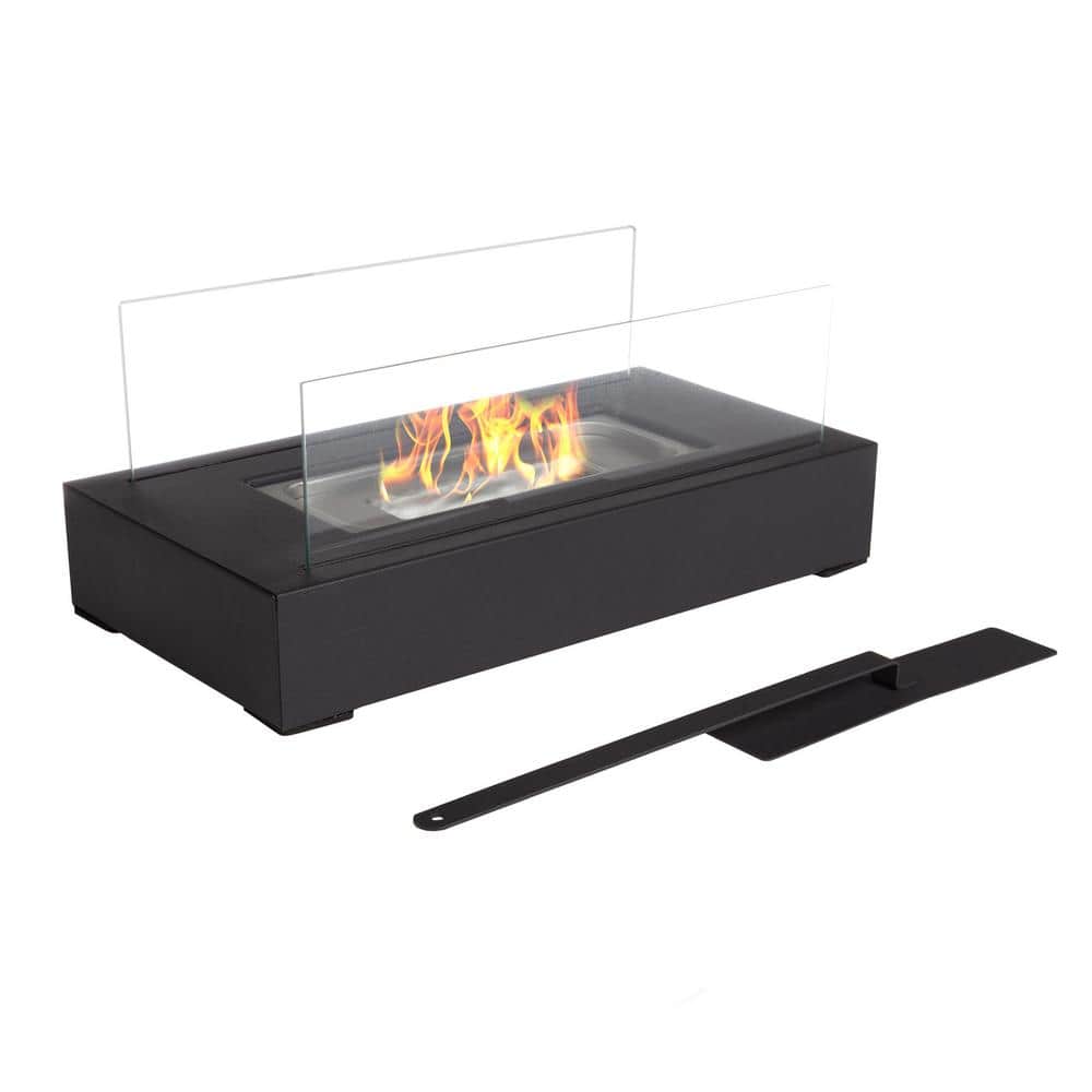 Black Rectangular Bio Ethanol Tabletop Fire Pit with Glass