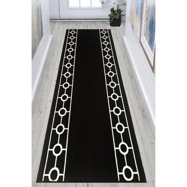 Chain Border Design Cut to Size Black Color 31 .5" Width x Your Choice Length Custom Size Slip Resistant Runner Rug