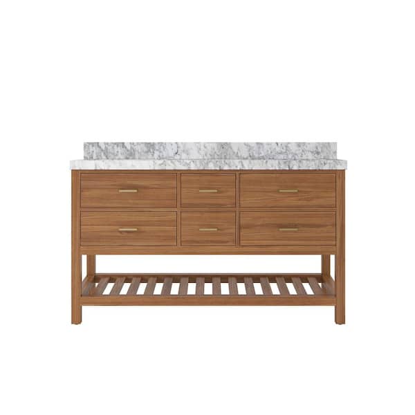 Willow Collections Parker Teak 60 in. W x 22 in. D x 36 in. H Double Sink Bath Vanity in Golden Teak with 2 in. Carrara Marble Top