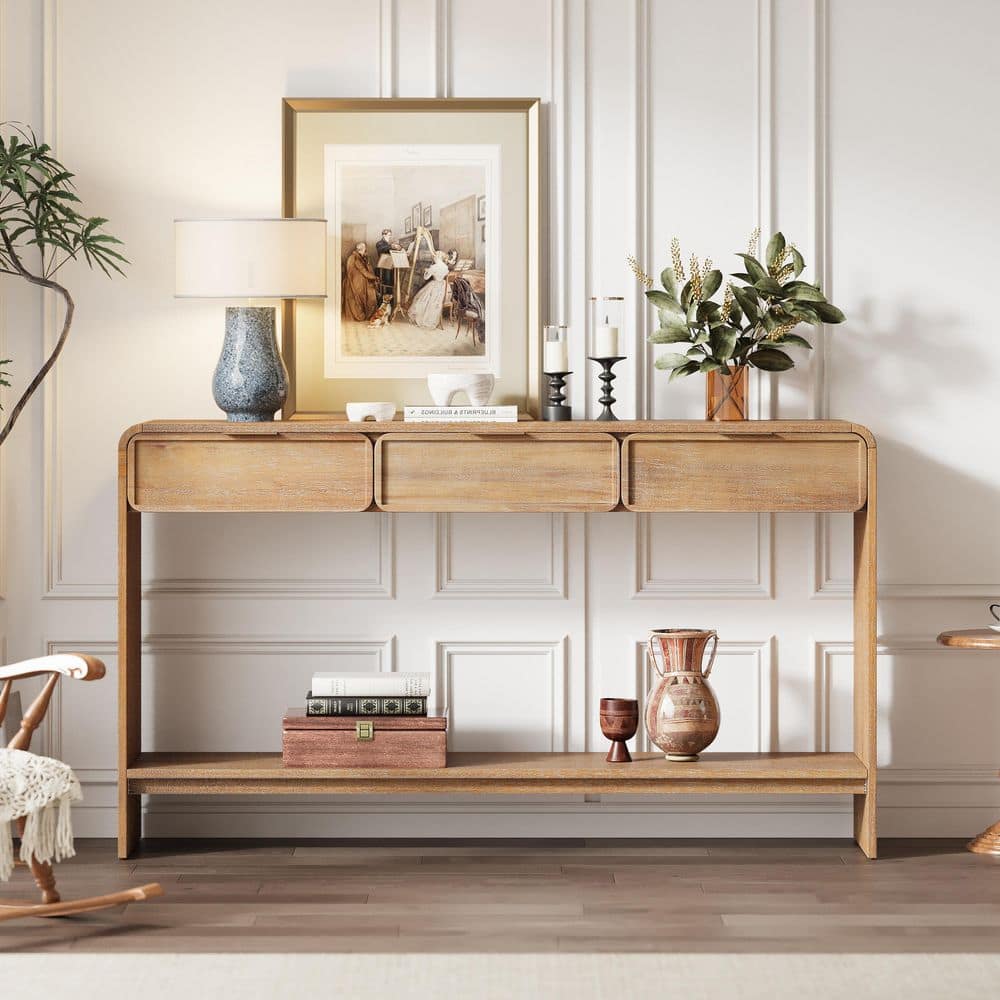 Rustic 60.2 in Natural Rectangle Wood Console Table with Curved Corners Entryway Table with 3 Drawers price history on PriceWatchPro