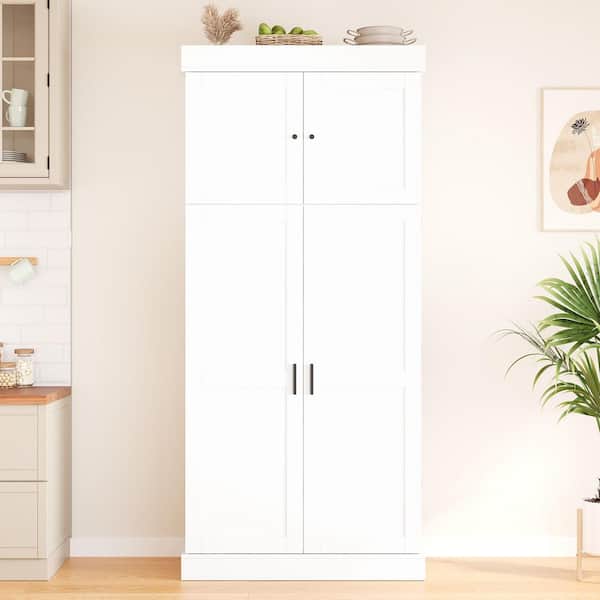 White Wood 35 in. x 77 in. Pantry Cabinet with Adjustable Shelves, Door Shelves, Drawers and Wine Racks