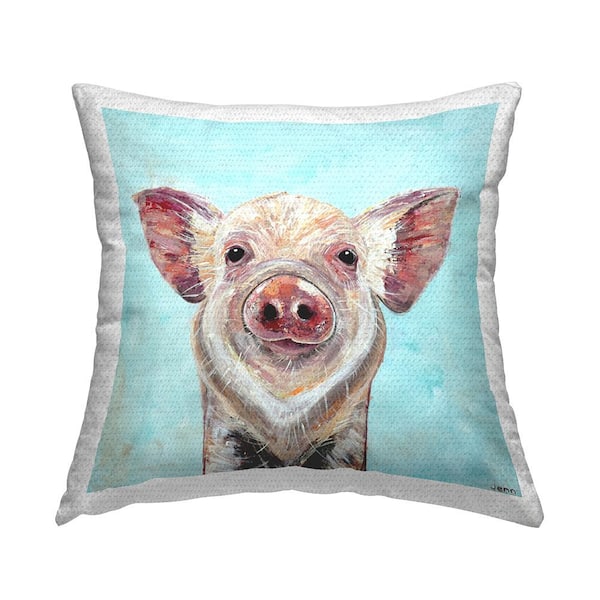 Blue Piglet Animal Face Blue Square Outdoor Throw Pillow