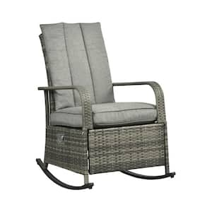 1-Piece Gray PE Wicker Outdoor Rocking Chair Patio Recliner with Gray Cushions, Adjustable Footrest and Backrest