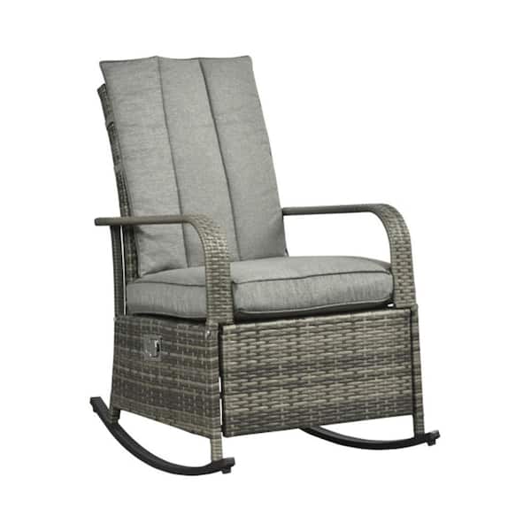 1-Piece Gray PE Wicker Outdoor Rocking Chair Patio Recliner with Gray Cushions, Adjustable Footrest and Backrest