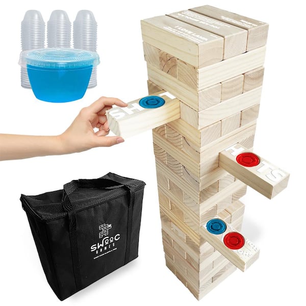 Giant Tower Party Game With Hidden Shots & 60 Commands Includes 60 Blocks,  104 Disposable Cups With Carrying Case Tipsy Topple Game 